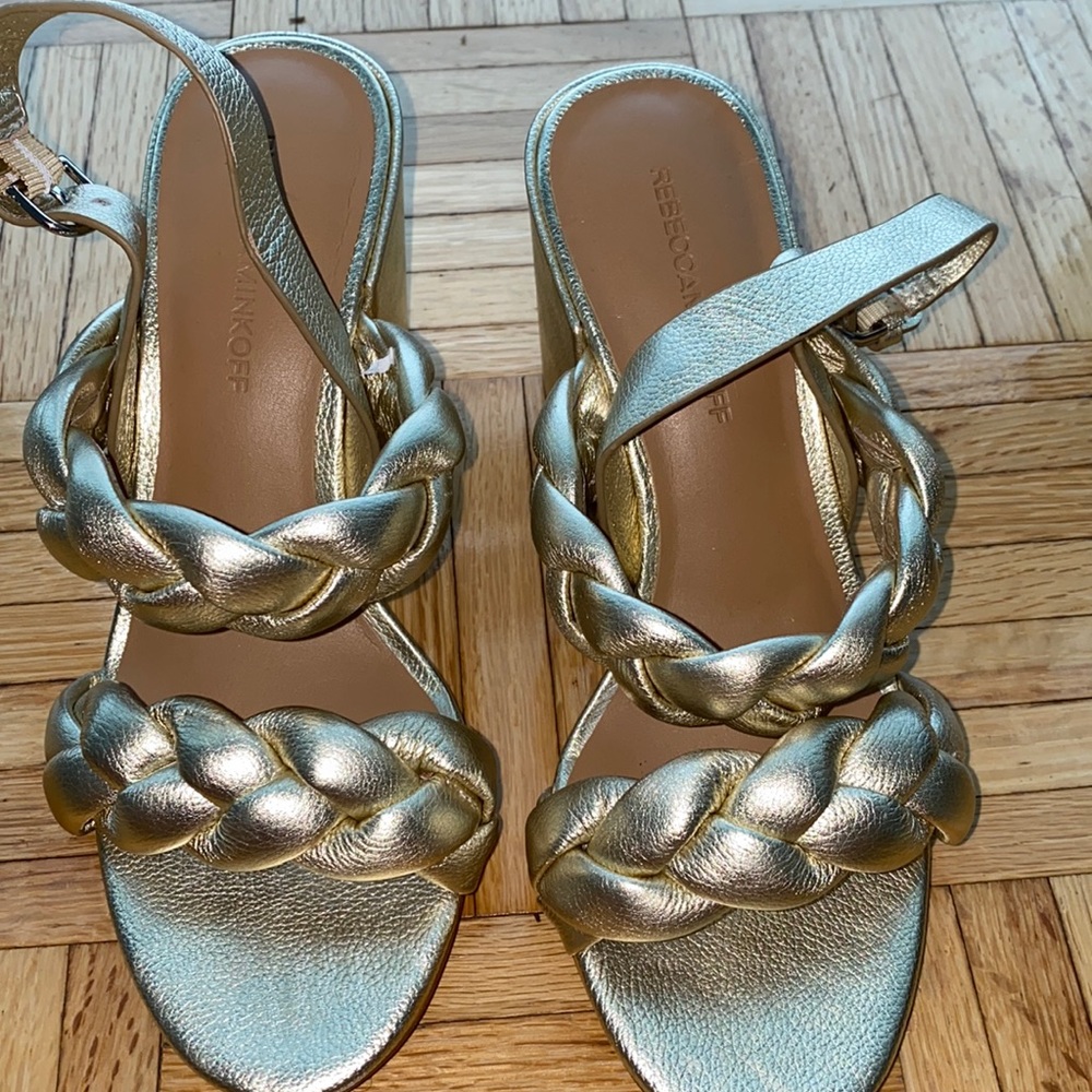 Light gold block leather sandals with braided strap details. Brand new no box.